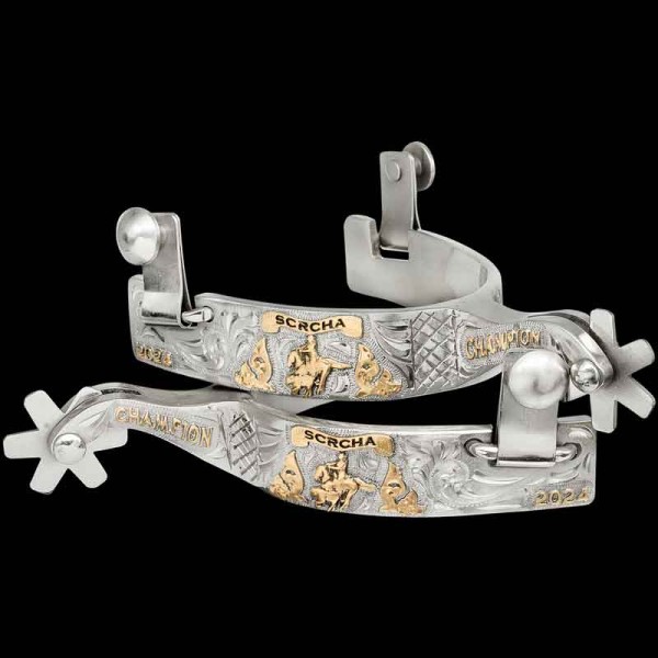 Award your winners with a Pair of Trophy Spurs! The Lottie Deno Spurs are crafted on the highest quality German Silver. They are hand engraved and detailed with Jewelers Bronze Scrolls, lettering and banners. Each spur is engraved on the entire outside ba